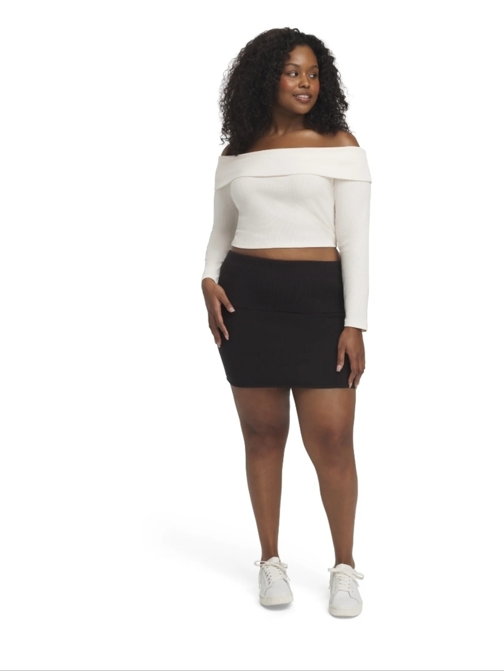 Fold-Over Waist Ribbed Black Mini Skirt